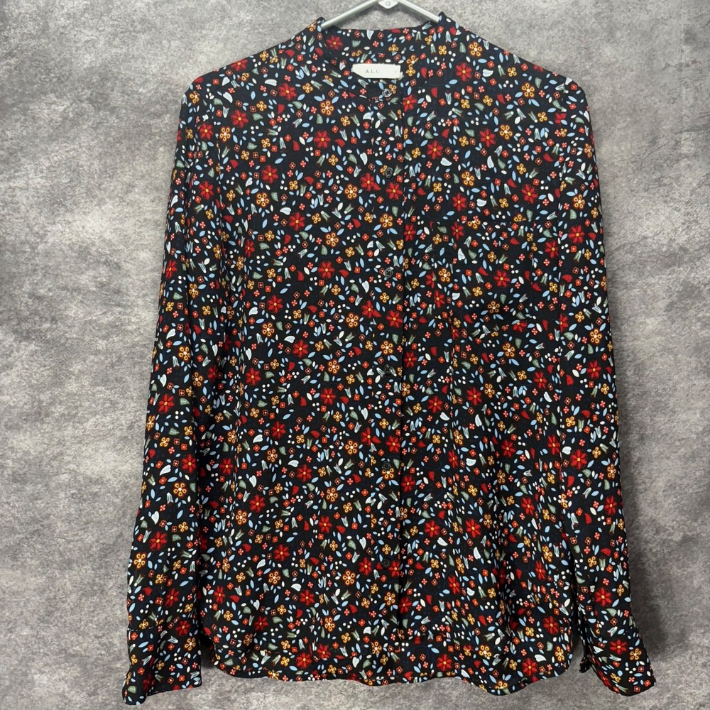 A.L.C. 100% Silk Button Up Blouse Top Womens 4 Black Ditsy Floral Mod Retro